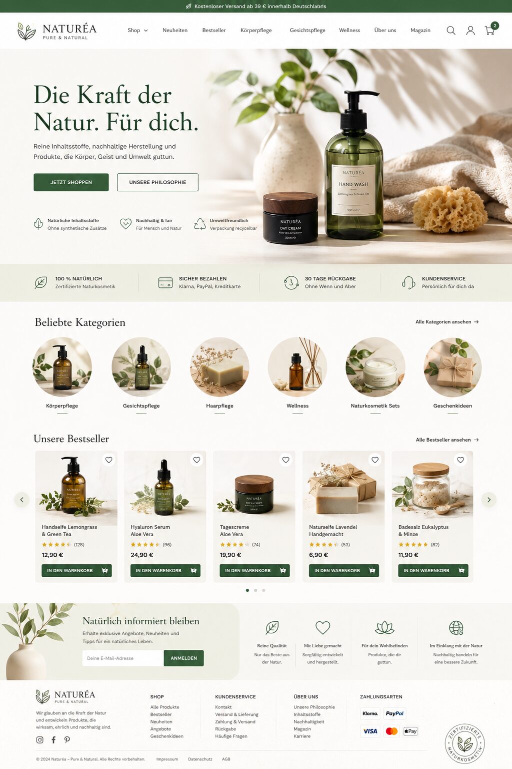 Fiktives natürliches Onlineshop-Design für Kosmetik und Schönheit