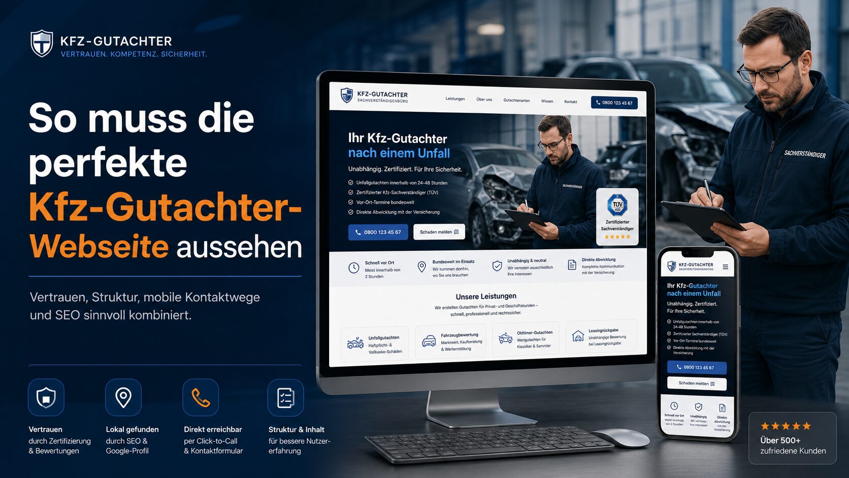 Werbung für eine Kfz-Gutachter-Webseite mit Laptop, Smartphone und Gutachter neben Unfallauto