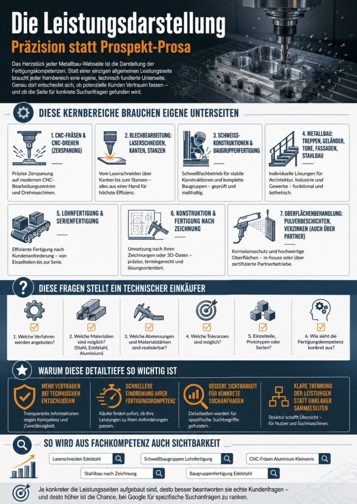 Infografik zur Leistungsdarstellung im Metallbau mit CNC-Fräsen, Schweißen, Oberflächenbehandlung und Suchmaschinen-Optimierung