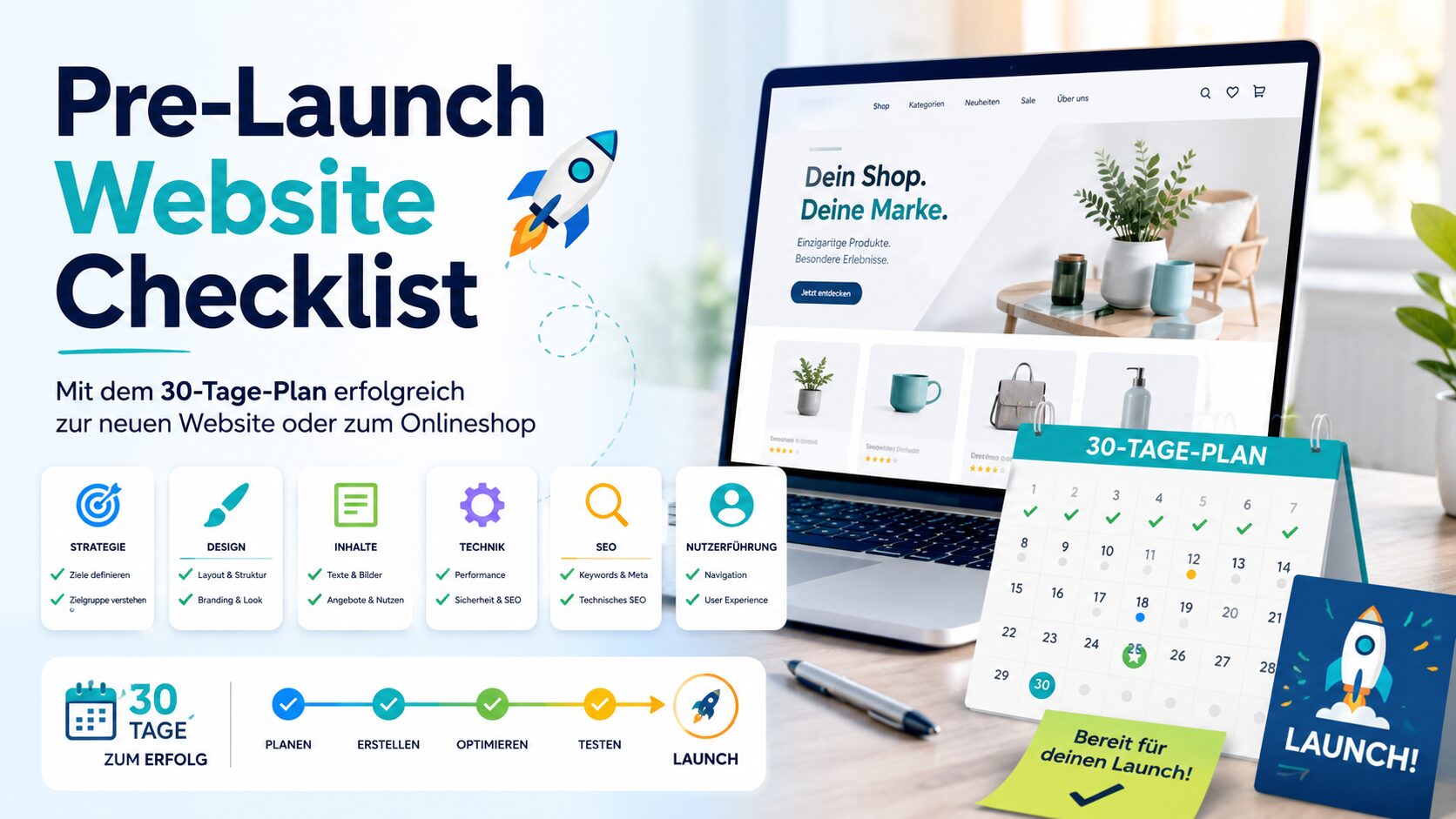 Grafik zur Pre-Launch-Website-Checkliste mit Laptop, 30-Tage-Plan, Kalender und Launch-Raketenmotiv
