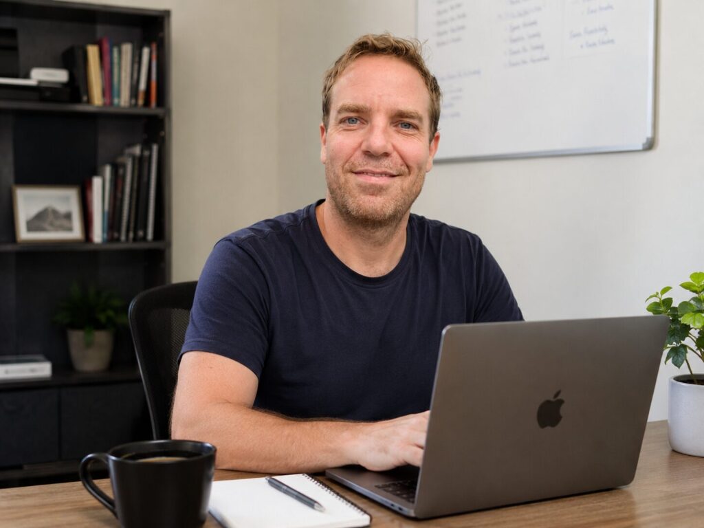 Mann sitzt lächelnd am Schreibtisch vor einem Laptop in einem Büro mit Regal, Whiteboard und Kaffeetasse