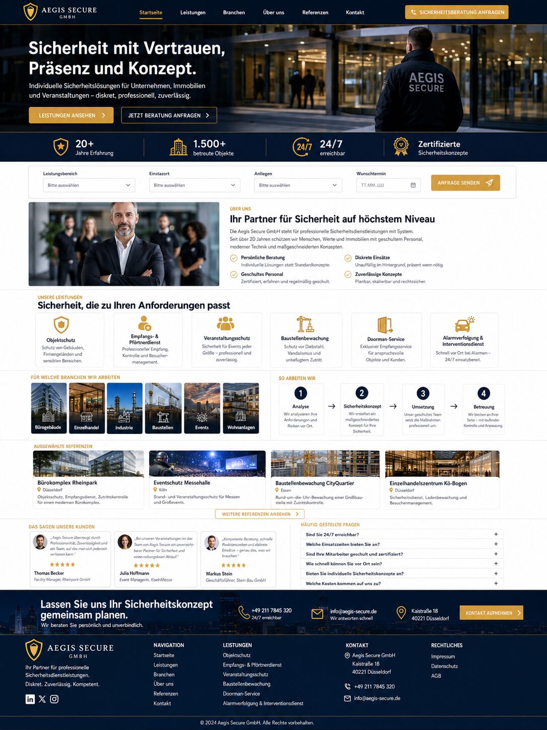 Webdesign-Beispiel: Leistungsübersicht einer Sicherheitsdienst-Website mit Icon-Karten