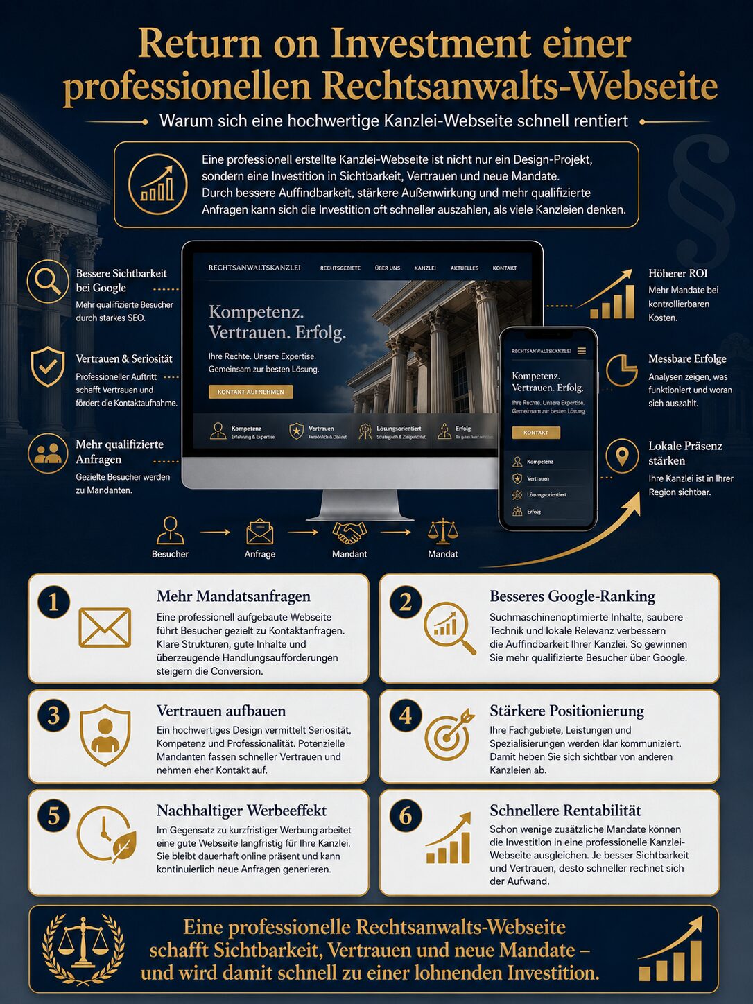Infografik: Return on Investment für Kanzlei-Websites – wie sich eine professionelle Kanzlei-Website wirtschaftlich rechnet