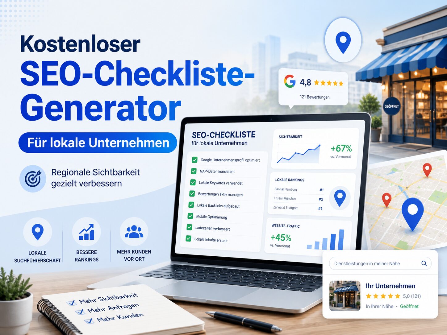 Grafik für kostenlosen SEO-Checklisten-Generator für lokale Unternehmen mit Laptop, Kartenpins und Bewertungsanzeigen