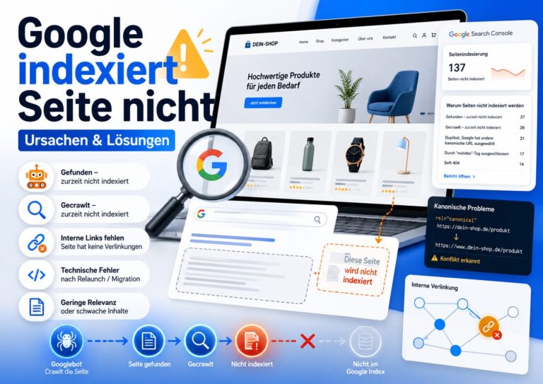 Infografik zu Google-Indexierungsproblemen mit Ursachen, Laptop-Dashboard und Warnsymbolen