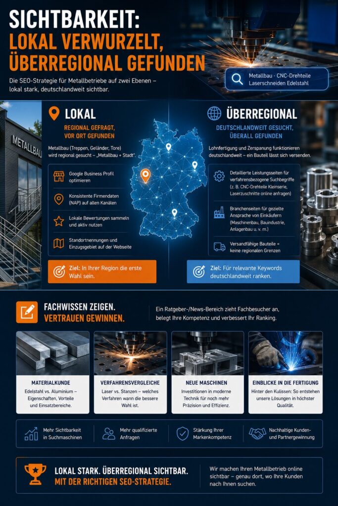 Infografik zur SEO-Strategie für Metallbetriebe: lokal stark und deutschlandweit sichtbar, mit CNC- und Schweißmotiven