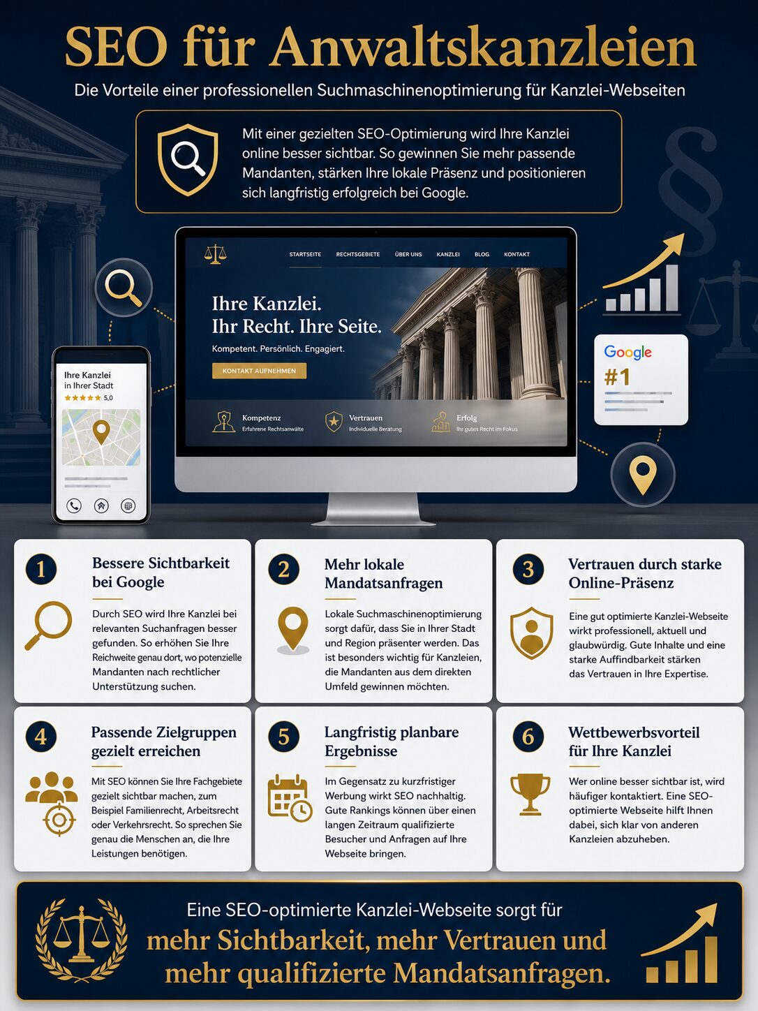 Infografik: SEO für Anwälte – mehr Sichtbarkeit und Erfolg durch Suchmaschinenoptimierung für Kanzleien