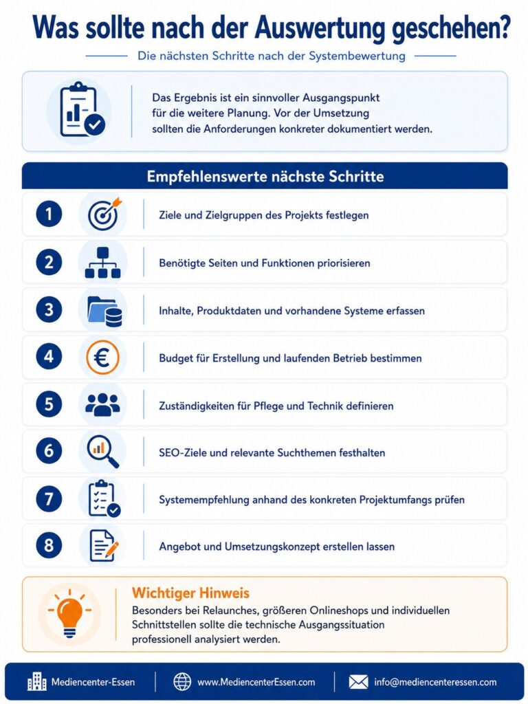 Infografik auf Deutsch zu nächsten Schritten nach der Systembewertung mit 8 nummerierten Empfehlungen und Hinweisbox