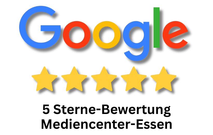 Google-Logo über fünf gelben Sternen und der Aufschrift 5 Sterne-Bewertung Mediencenter-Essen