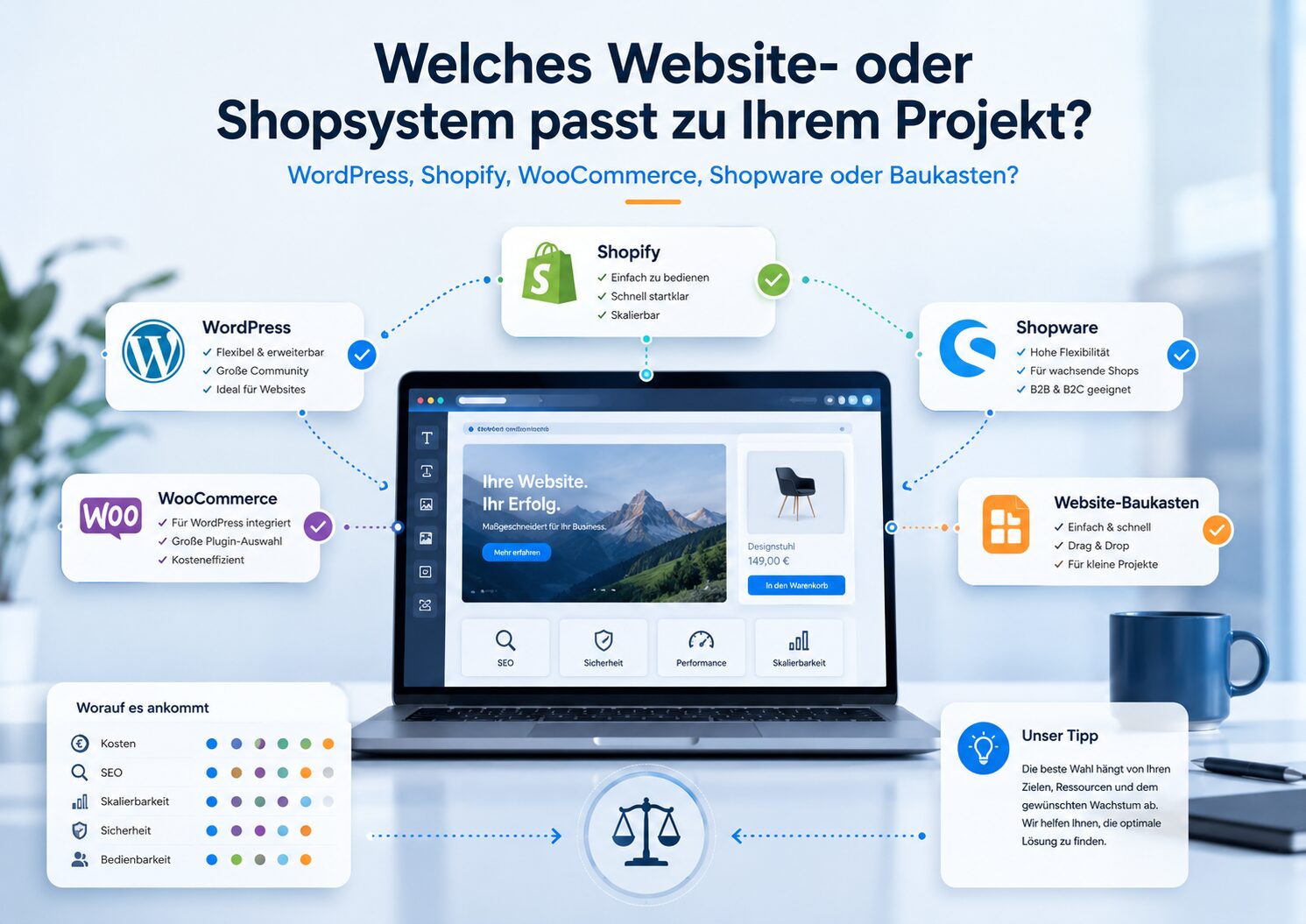 Infografik mit Laptop und Vergleich von WordPress, Shopify, WooCommerce, Shopware und Website-Baukasten