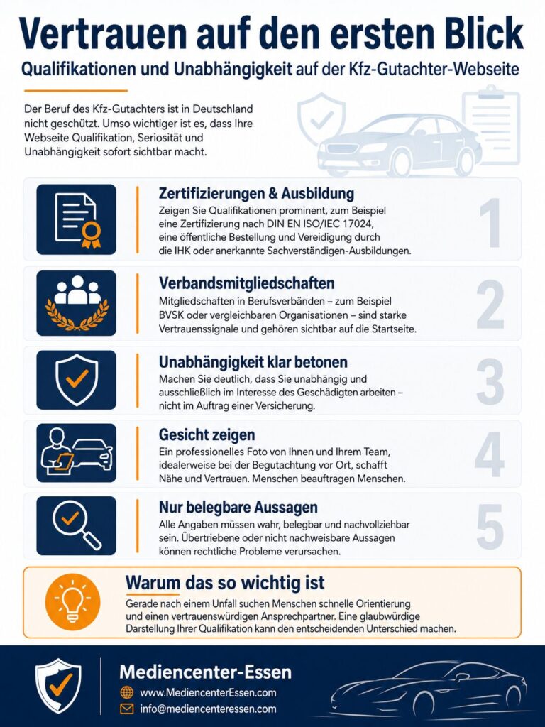 Infografik auf Deutsch mit fünf Tipps für Kfz-Gutachter-Webseiten, inklusive Icons, Textblöcken und Kontakthinweis unten