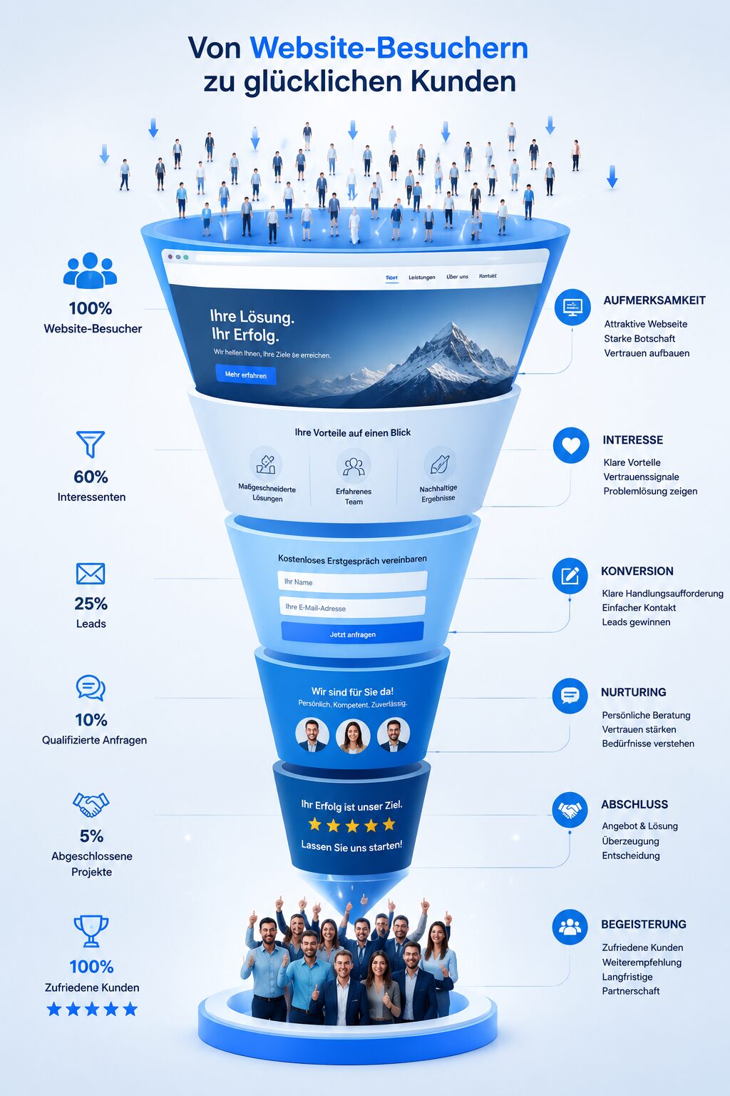 Infografik eines Marketing-Trichters mit Website-Besuchern, Leads und zufriedenen Kunden auf Deutsch