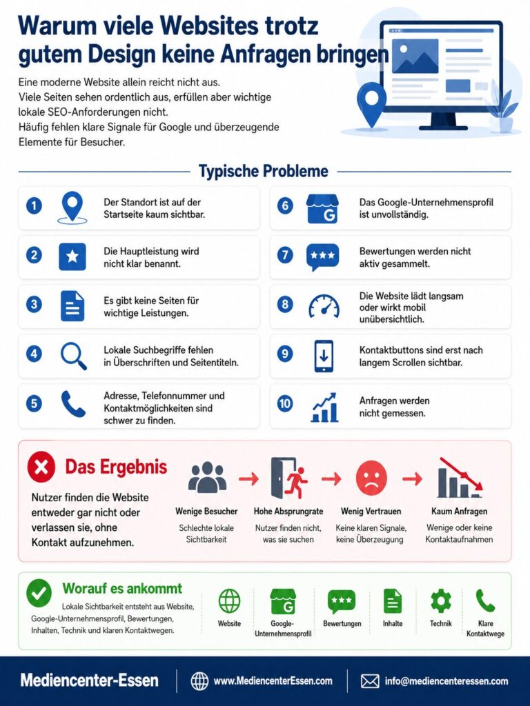 Infografik über Gründe, warum Websites trotz gutem Design keine Anfragen bringen, mit typischen Problemen und Ergebnissen