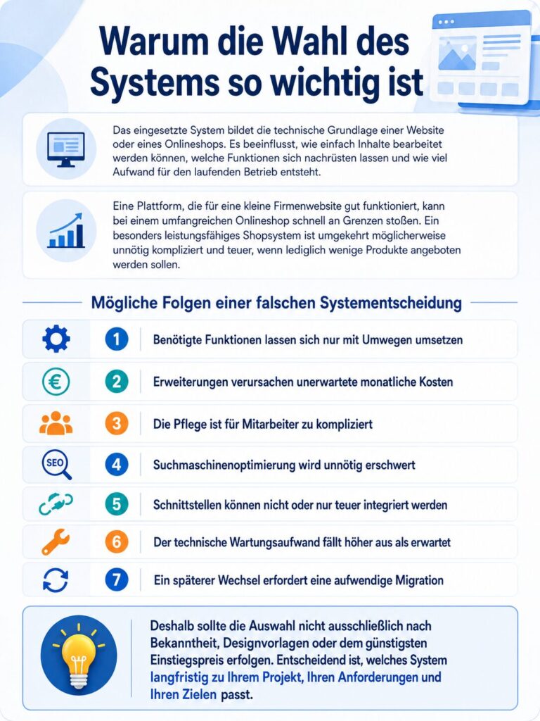 Infografik auf Deutsch über die Wahl des passenden Websystems mit sieben Folgen einer falschen Entscheidung