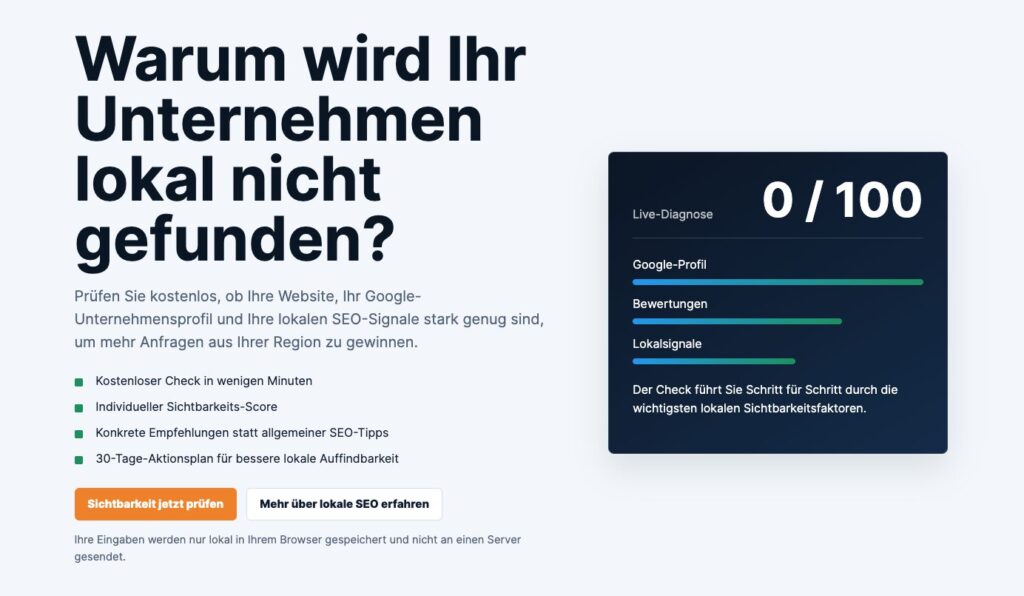 Deutschsprachige Werbegrafik für lokale SEO mit der Frage Warum wird Ihr Unternehmen lokal nicht gefunden? und 0/100 Diagnoseanzeige