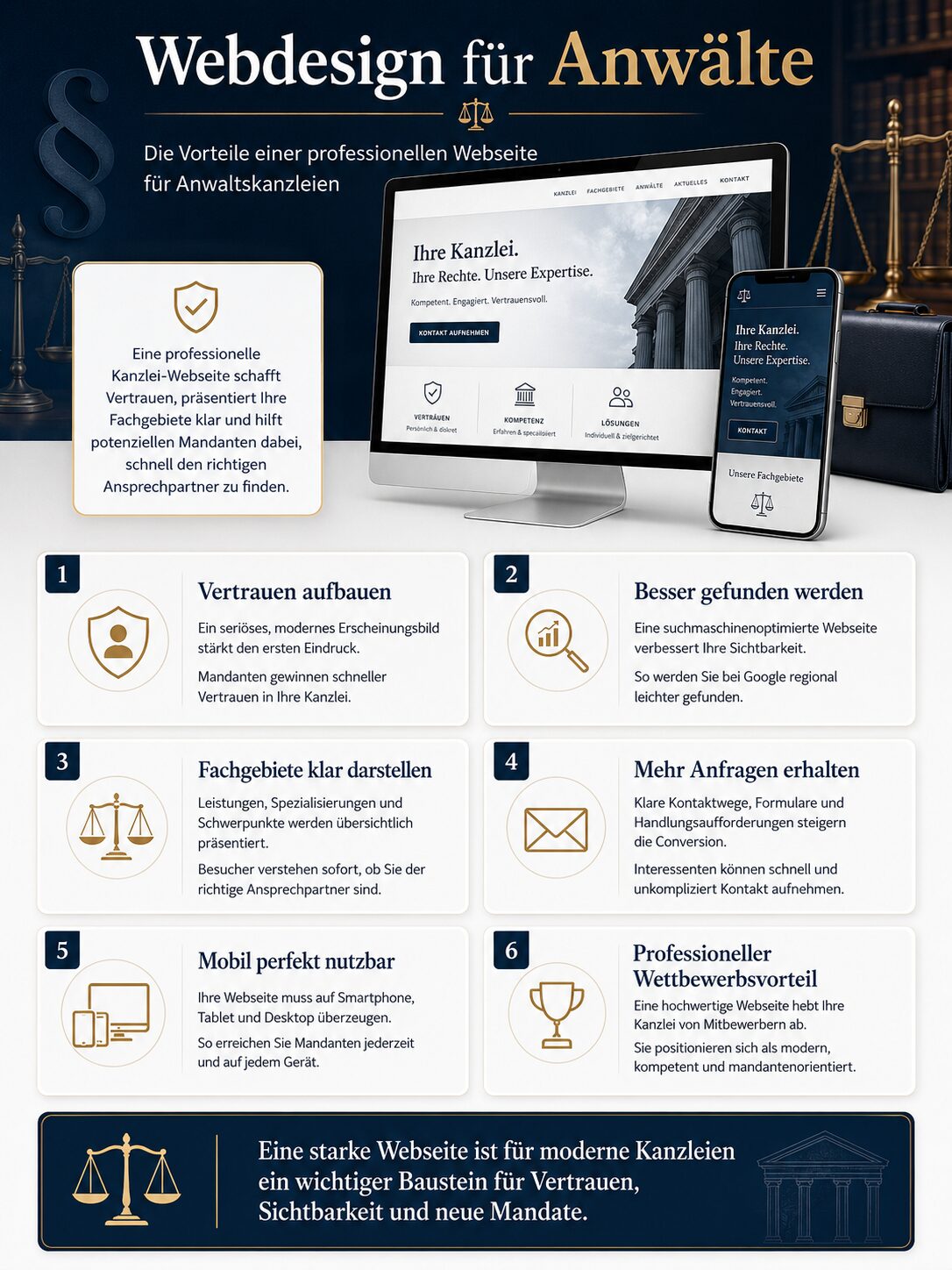Infografik: Webdesign für Anwälte – die wichtigsten Bausteine, um eine Kanzlei seriös und überzeugend online zu gestalten