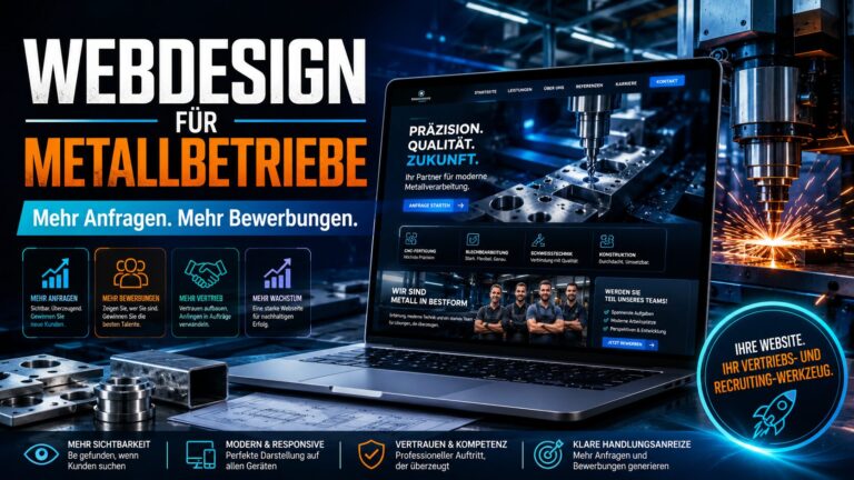 Werbegrafik für Webdesign in Metallbetrieben mit Laptop, CNC-Maschine und großem Text zu mehr Anfragen und Bewerbungen