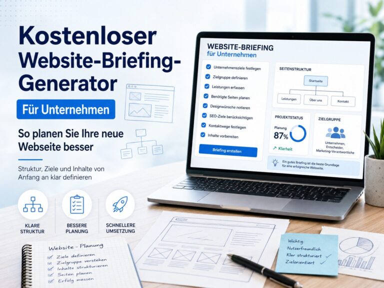 Werbegrafik für einen kostenlosen Website-Briefing-Generator für Unternehmen mit Laptop und Planungsunterlagen