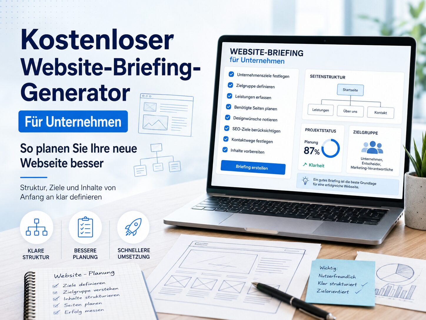 Werbegrafik für einen kostenlosen Website-Briefing-Generator für Unternehmen mit Laptop und Planungsunterlagen