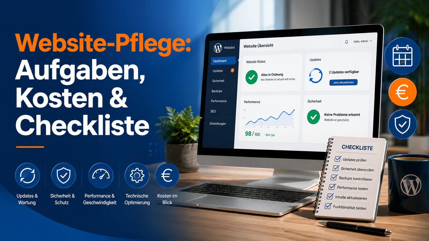 Deutschsprachige Grafik zur Website-Pflege mit Laptop, Checkliste und Symbolen für Updates, Sicherheit, Performance und Kosten