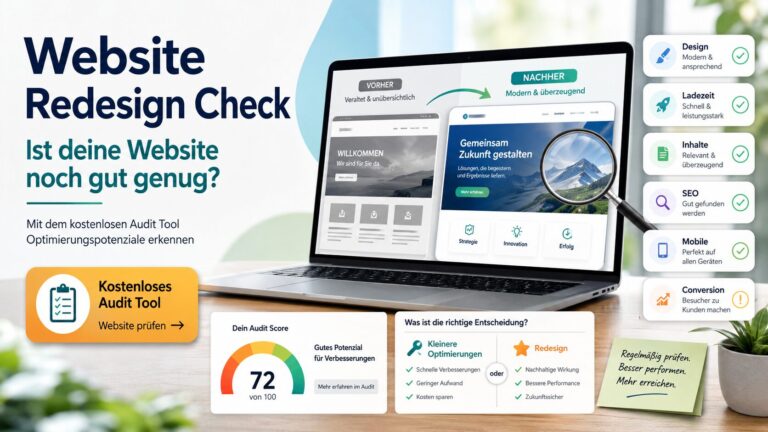 Deutschsprachige Website-Redesign-Grafik mit Laptop, Vorher-Nachher-Vergleich und Audit-Checkliste