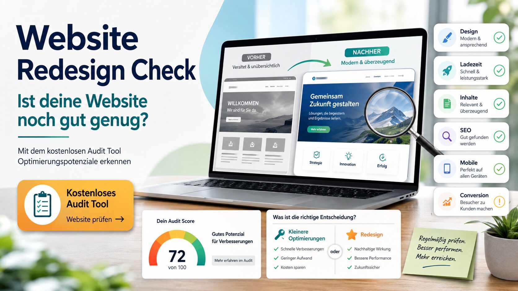 Deutschsprachige Website-Redesign-Grafik mit Laptop, Vorher-Nachher-Vergleich und Audit-Checkliste