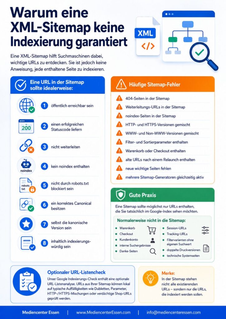 Infografik: Warum eine XML-Sitemap keine Indexierung garantiert, mit Prüfpunkten, Fehlern und Best Practices