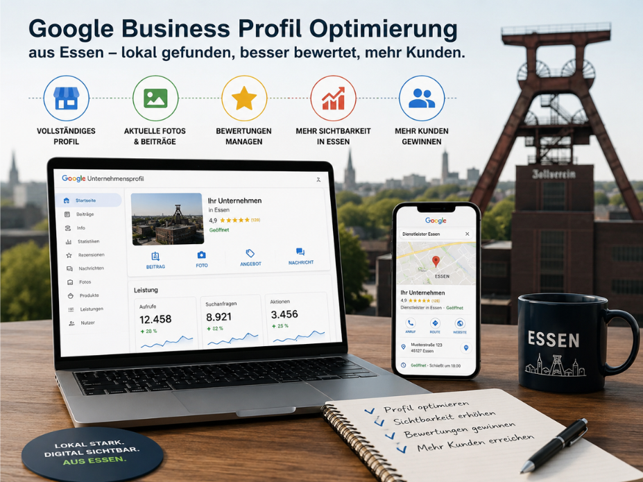 Werbegrafik zur Google Business Profil Optimierung aus Essen mit Laptop, Smartphone und Zeche im Hintergrund