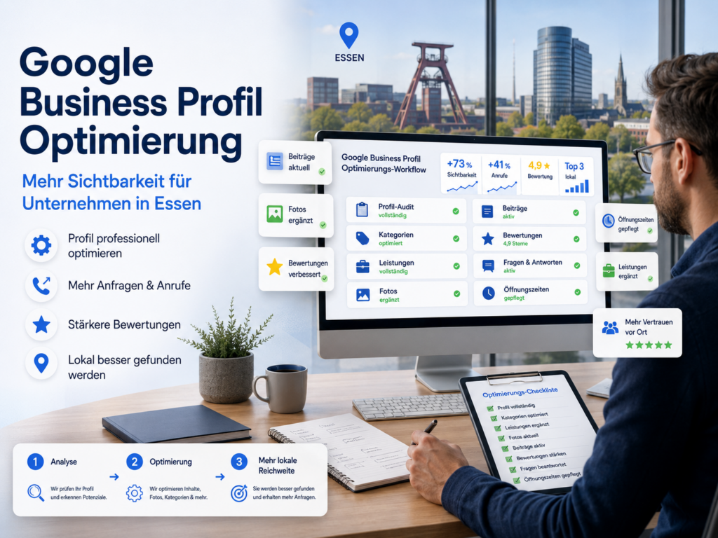 Werbegrafik zur Google Business Profil Optimierung für Essen mit Dashboard, Checkliste und Blick auf eine Stadtansicht
