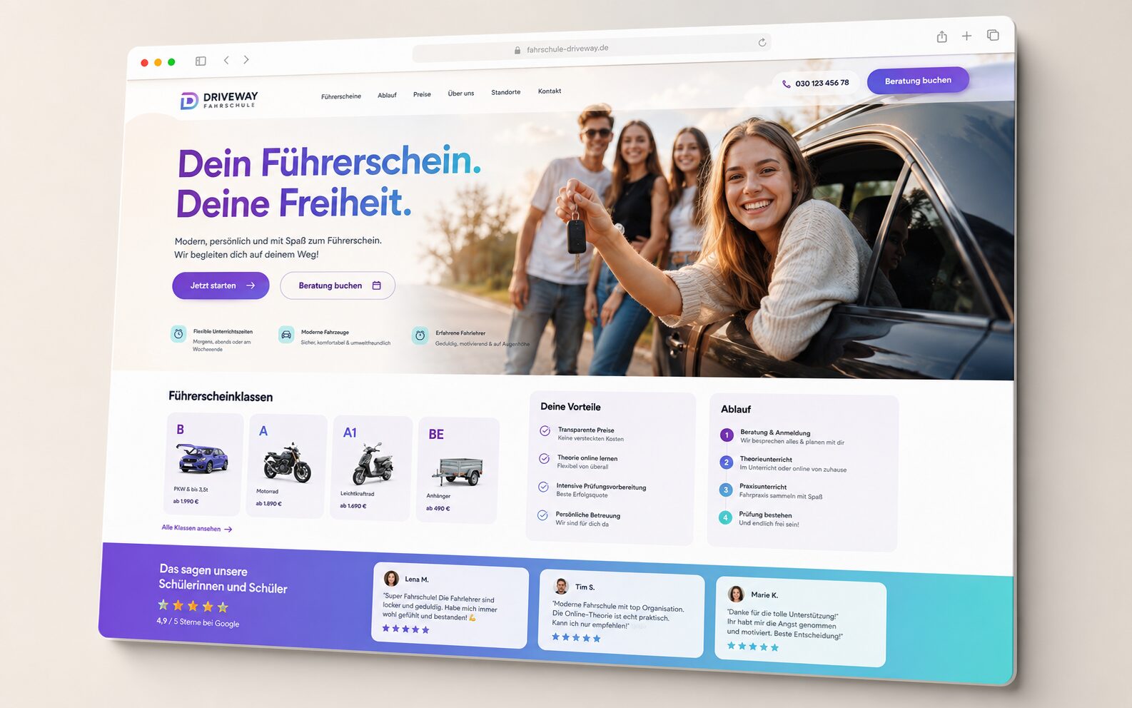 Junges, dynamisches Webdesign-Beispiel für eine Fahrschul-Website