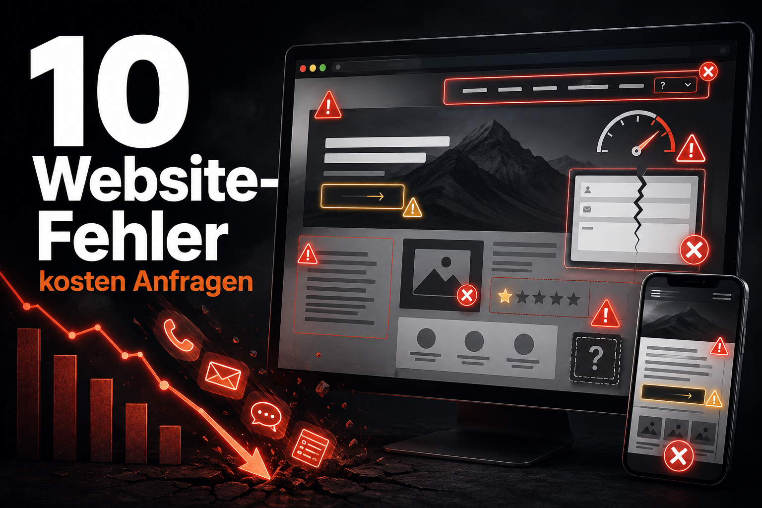 Illustration mit großem Text „10 Website-Fehler“ und Monitor, Smartphone sowie Warnsymbolen für defekte Webseiten