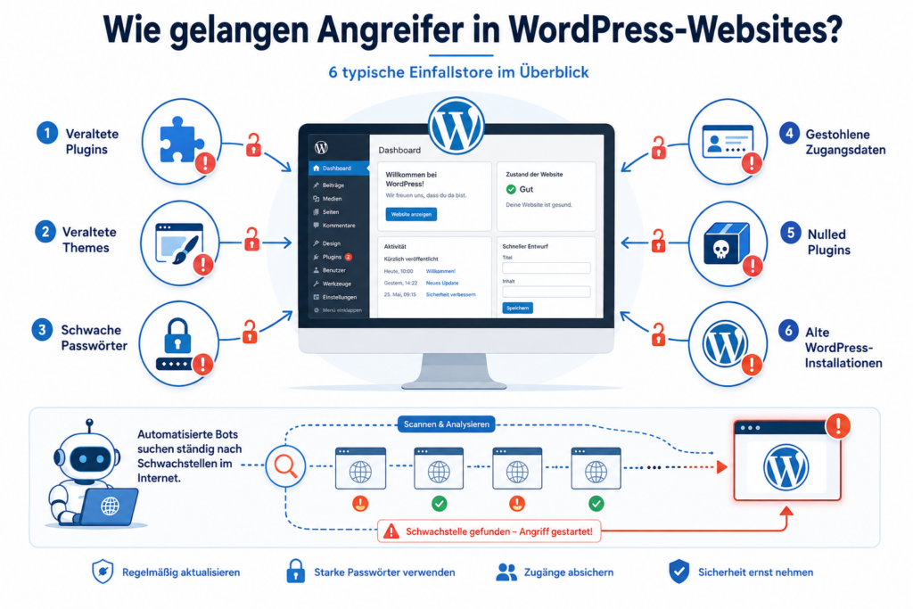 Infografik zu 6 typischen WordPress-Sicherheitslücken: veraltete Plugins/Themes, schwache Passwörter, gestohlene Zugänge, Null-Plugins und alte Installationen; Bots suchen Schwachstellen