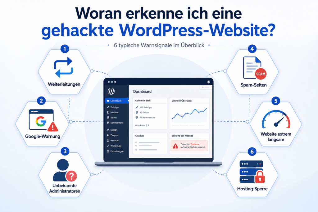 Sechs Warnsignale für eine gehackte WordPress-Website: Weiterleitungen, Google-Warnung, unbekannte Administratoren, Spam-Seiten, extreme Langsamkeit und Hosting-Sperre