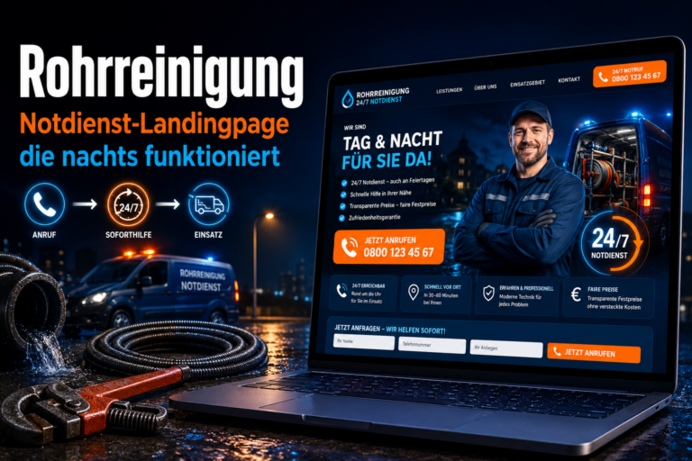 Werbegrafik für Rohrreinigung mit 24/7-Notdienst und Laptop-Landingpage bei Nacht