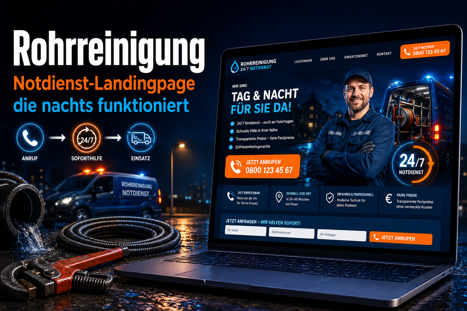 Werbegrafik für Rohrreinigung mit 24/7-Notdienst und Laptop-Landingpage bei Nacht