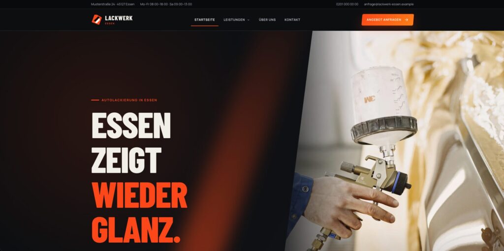 Website-Startseite für Autolackierung in Essen mit Spritzpistole und dem Slogan Essen zeigt wieder Glanz