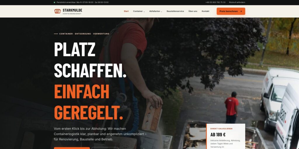 Website-Startseite von Starkmulde mit Containerdienst, großem Slogan und Preisbox vor Baustellenmotiv