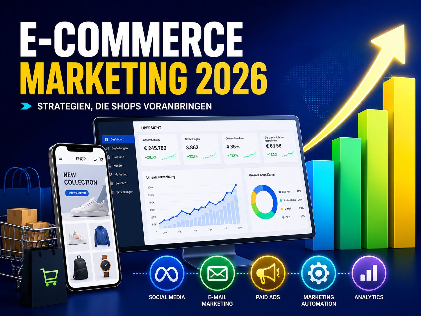 Grafik mit dem Titel E-Commerce Marketing 2026, Smartphone, Dashboard und wachsendem Balkendiagramm