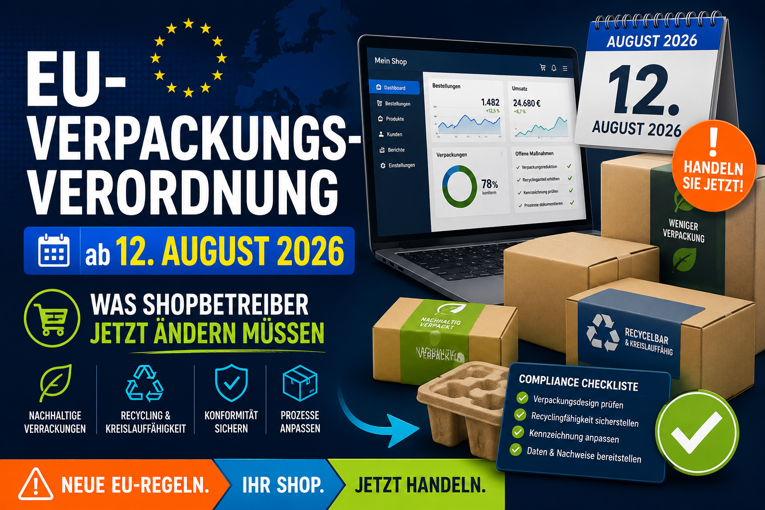 Grafische EU-Verpackungsverordnung: Laptop, Verpackungen, Kalender und Warnhinweise mit deutschem Text zur Umstellung ab 12. August 2026