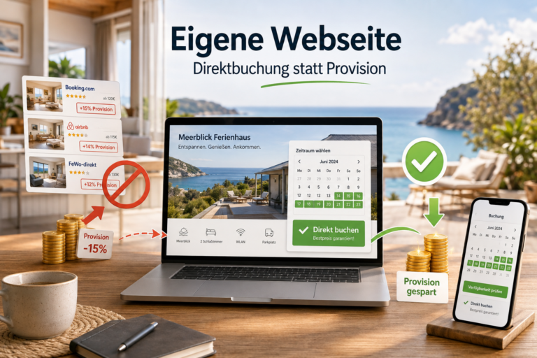 Werbegrafik für Direktbuchung über eigene Website statt über Plattformen, mit Laptop und Smartphone am Meer