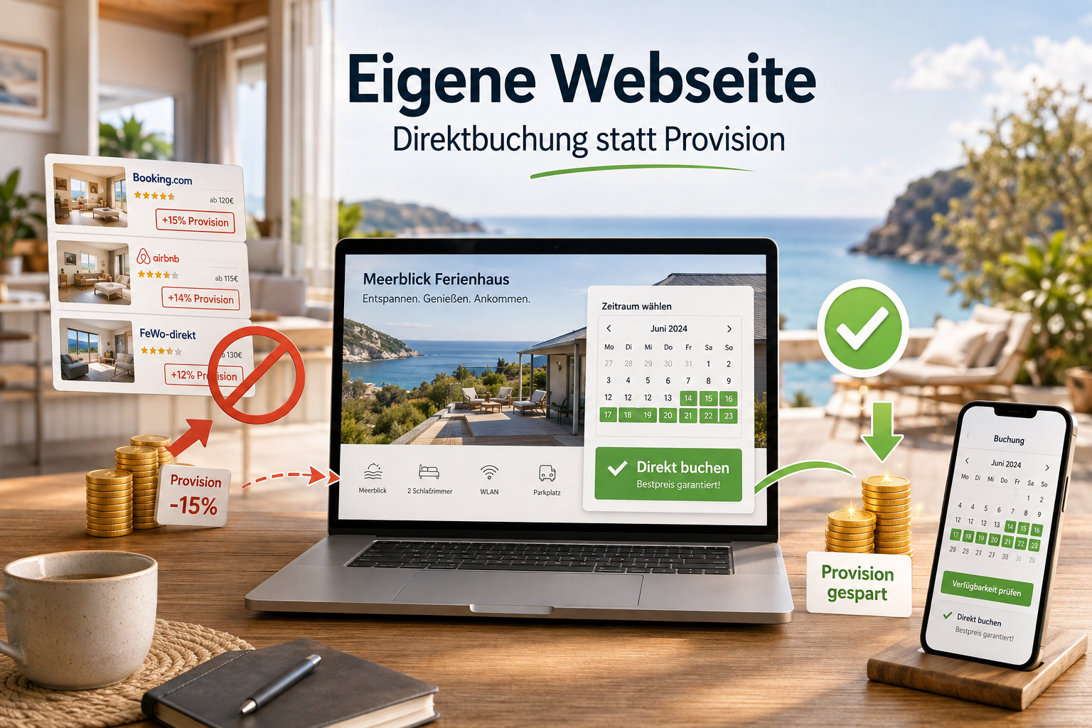 Werbegrafik für Direktbuchung über eigene Website statt über Plattformen, mit Laptop und Smartphone am Meer
