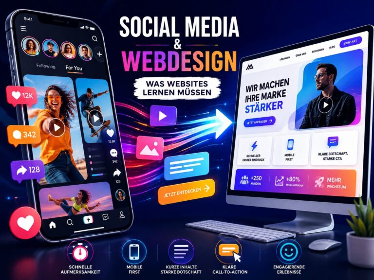 Grafik mit Smartphone und Desktop-Website zum Thema Social Media und Webdesign, mit Pfeil und Call-to-Action-Icons