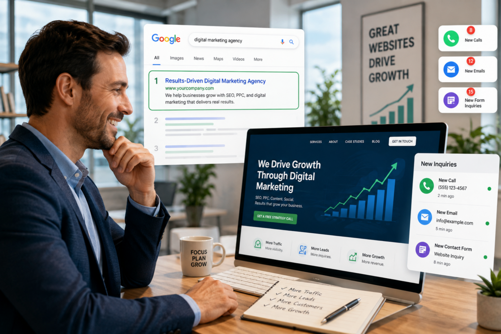 Mann im Büro betrachtet Digitalmarketing-Dashboard mit Google-Suchergebnis, Wachstumsgrafik und neuen Anfragen