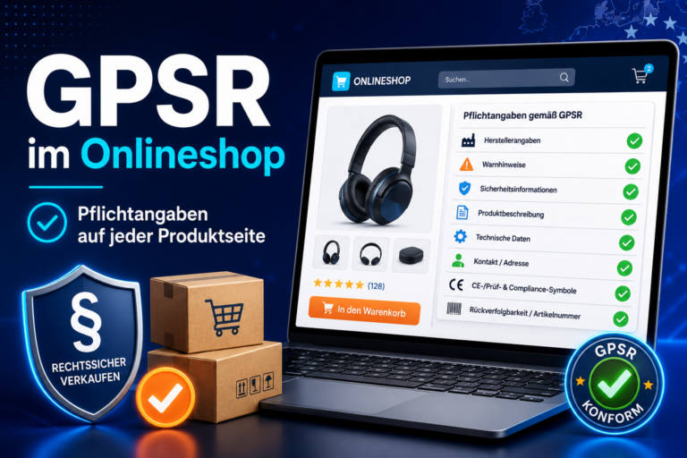 Grafik zu GPSR im Onlineshop mit Laptop, Produktseite, Kartons und Compliance-Symbolen