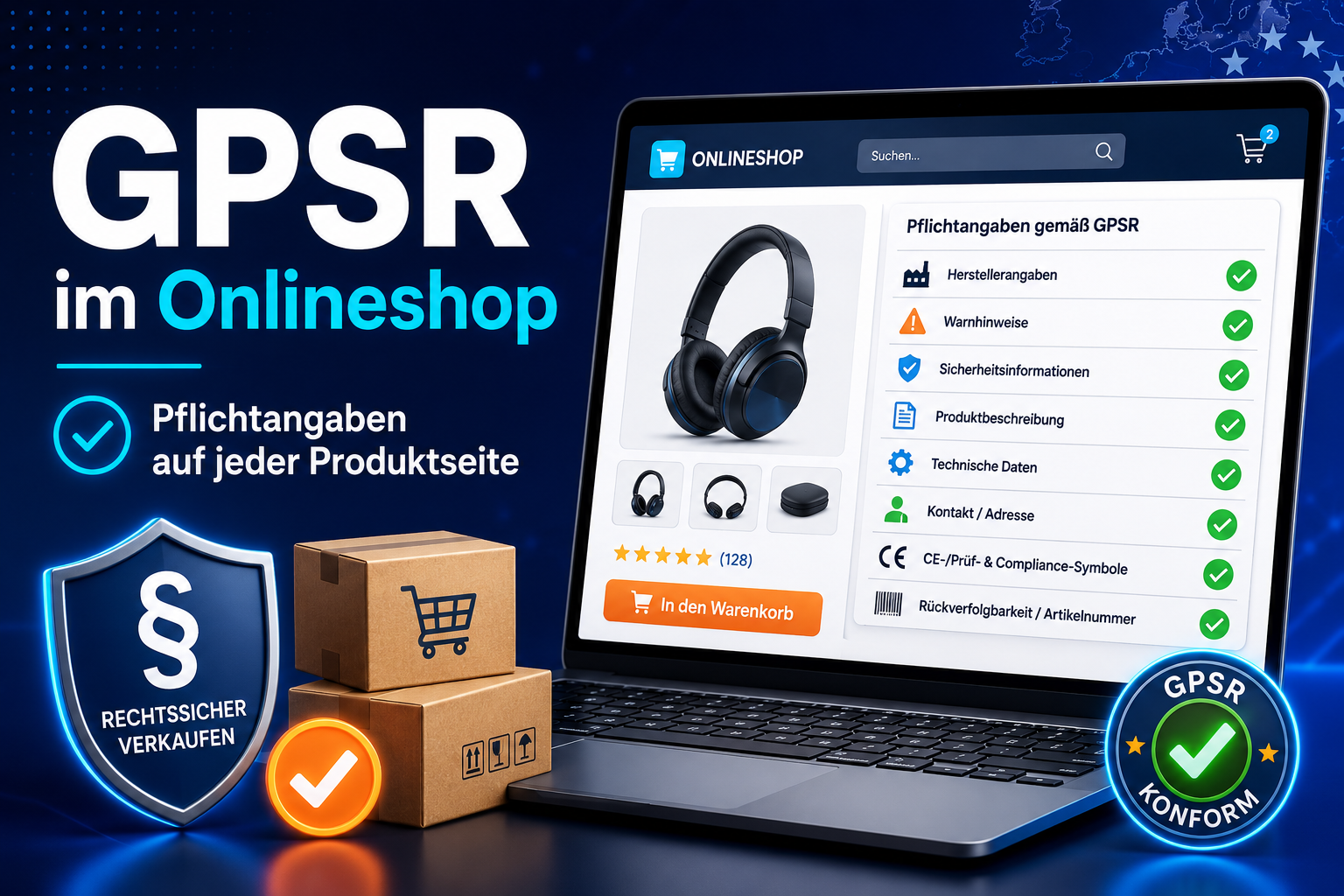 Grafik zu GPSR im Onlineshop mit Laptop, Produktseite, Kartons und Compliance-Symbolen