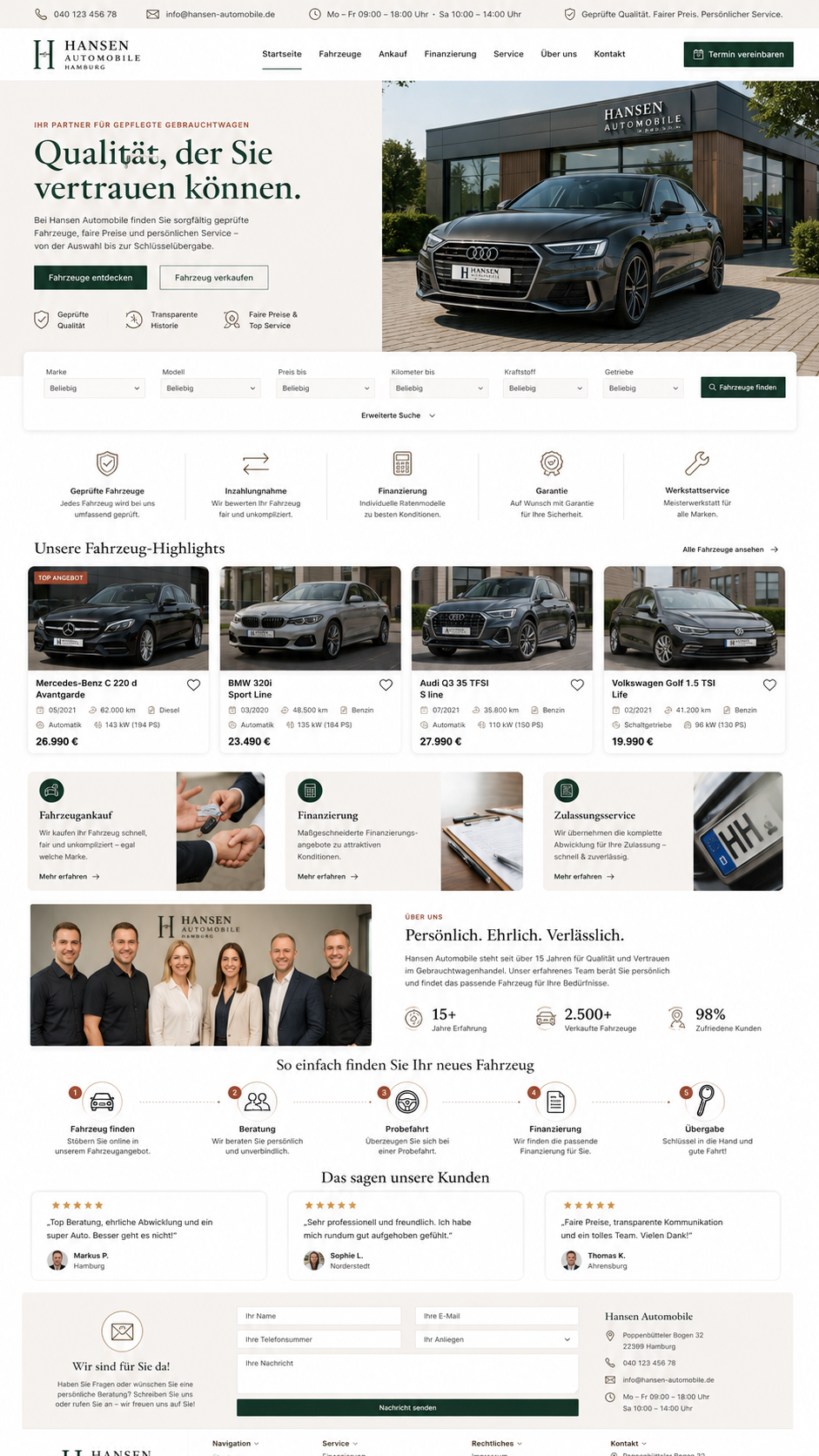 Webdesign für den Autohandel – Hansen Automobile Hamburg Website-Mockup mit moderner Fahrzeugdarstellung