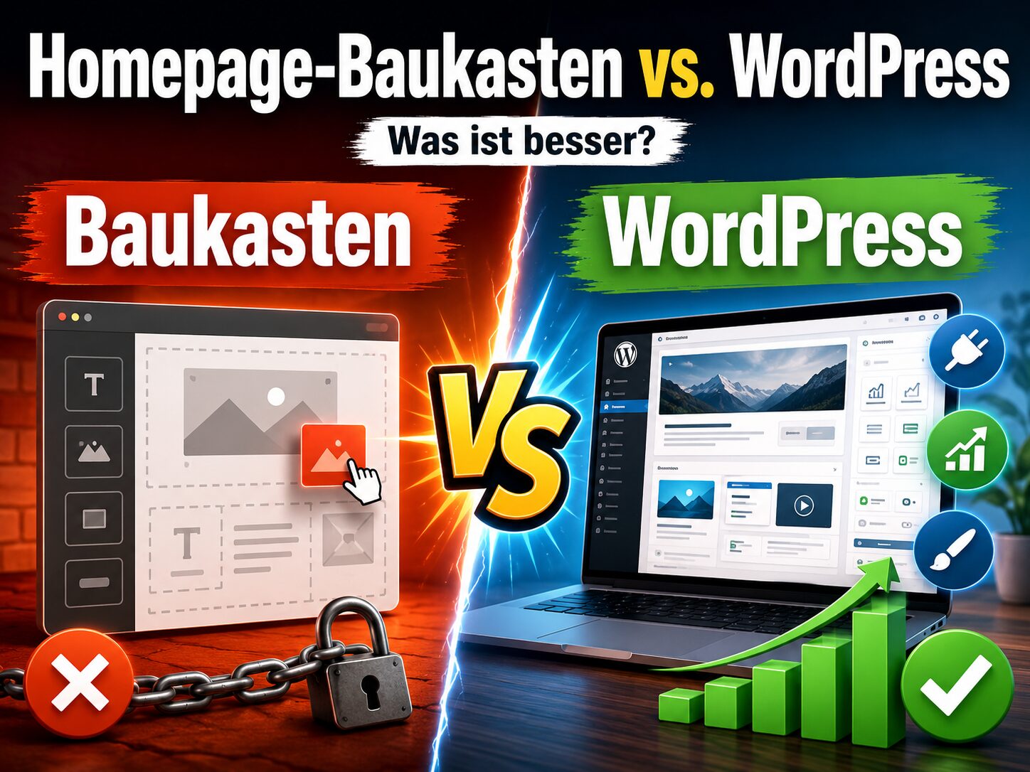 Grafik zum Vergleich „Homepage-Baukasten vs. WordPress“ mit geteiltem Bildschirm, Computer und Symbolen für Nachteile und Vorteile