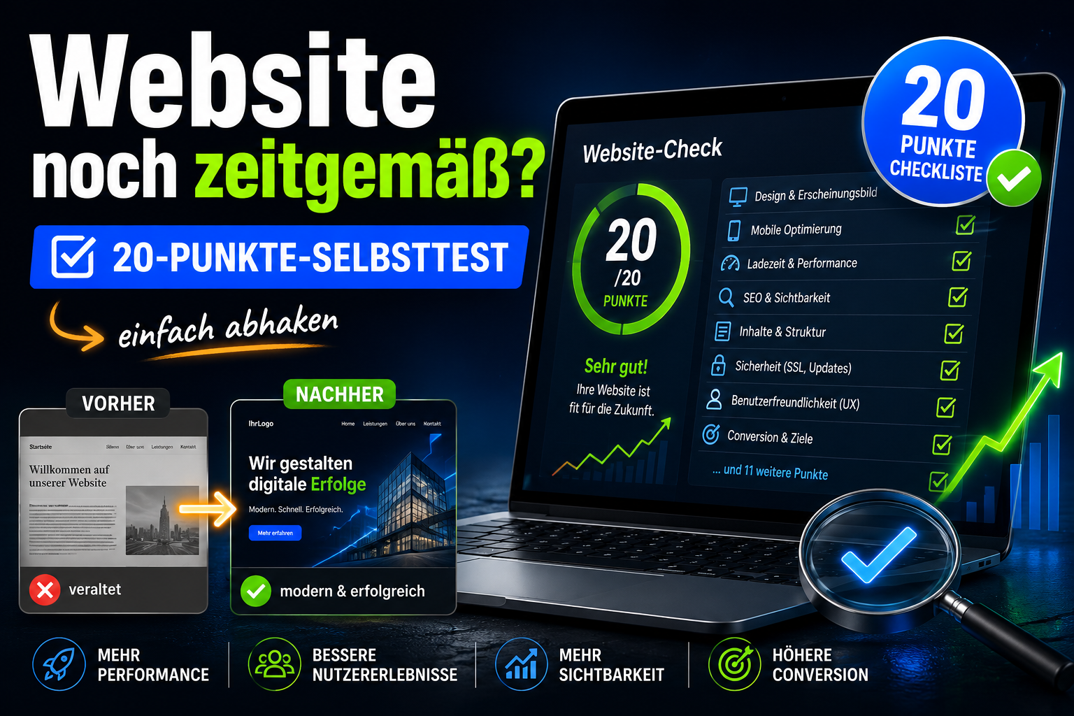 Werbegrafik zu Website-Check und 20-Punkte-Selbsttest mit Laptop, Checkliste und Vorher-nachher-Vergleich