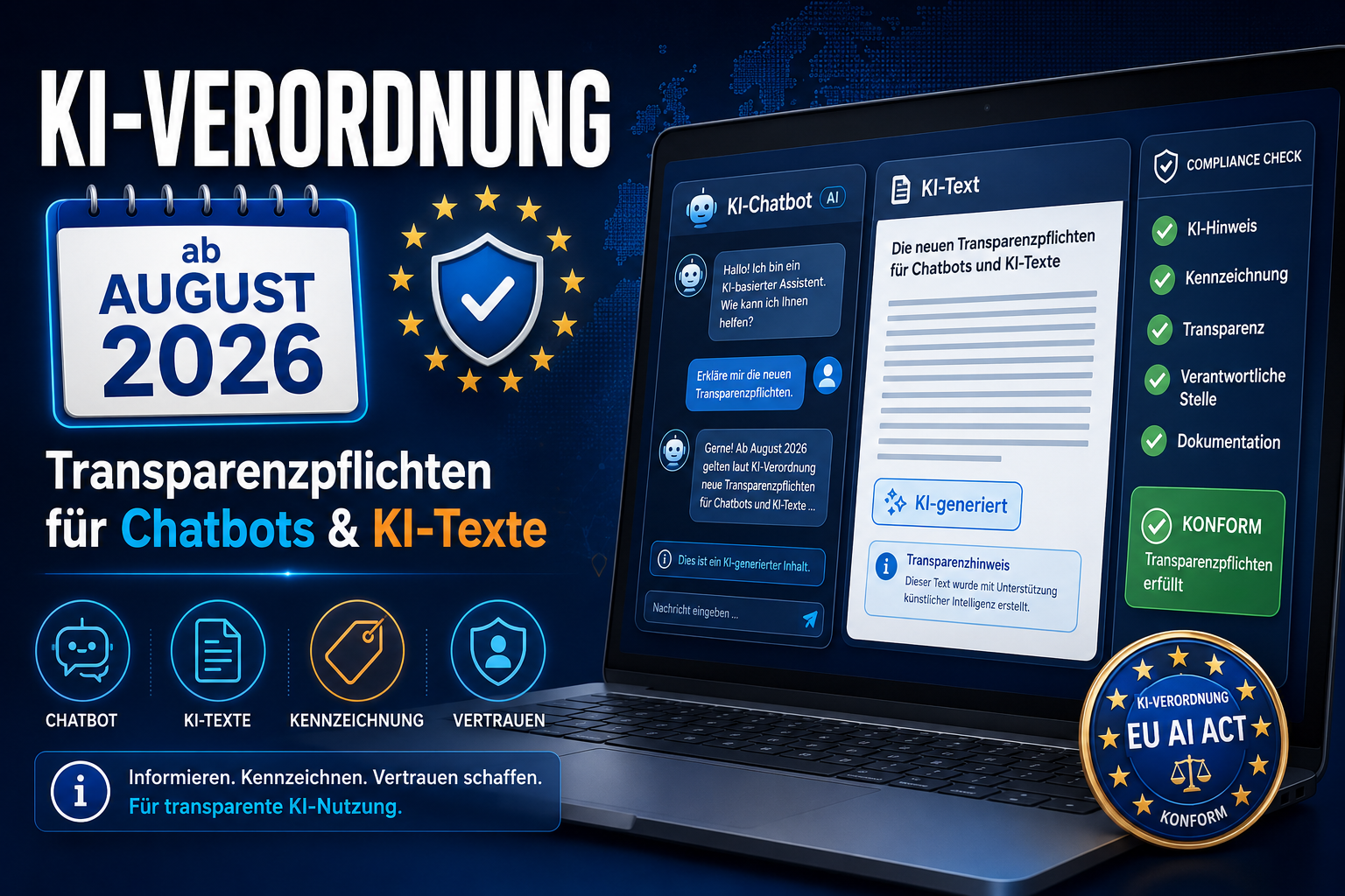 Infografik zur KI-Verordnung ab August 2026 mit Transparenzpflichten für Chatbots und KI-Texte
