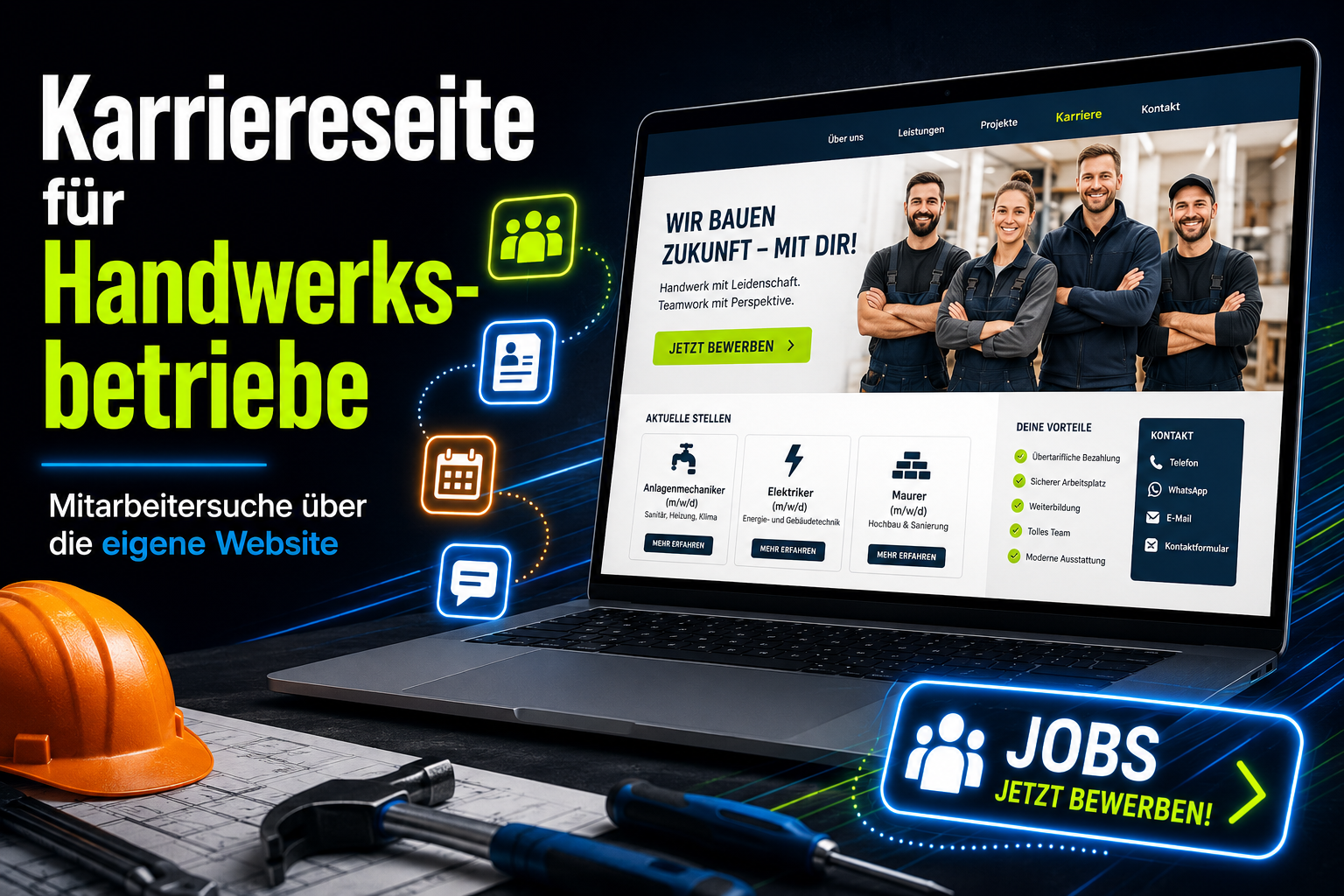 Werbegrafik für eine Karriereseite im Handwerksbetrieb mit Laptop, Bewerbungsbuttons und Arbeitsschutzhelm